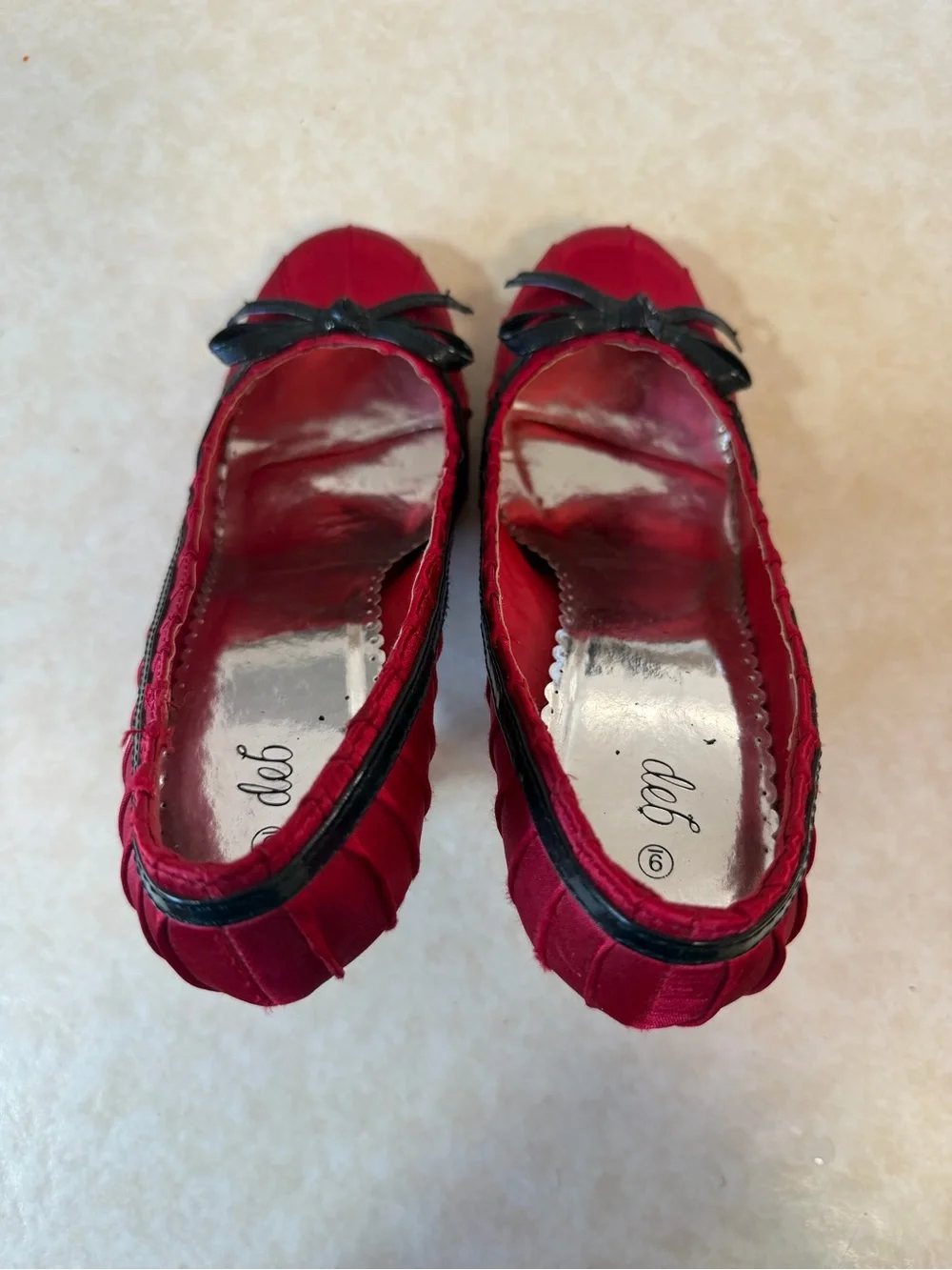 Y2K Coquette Deb red satin heels with black bow detail and black trim